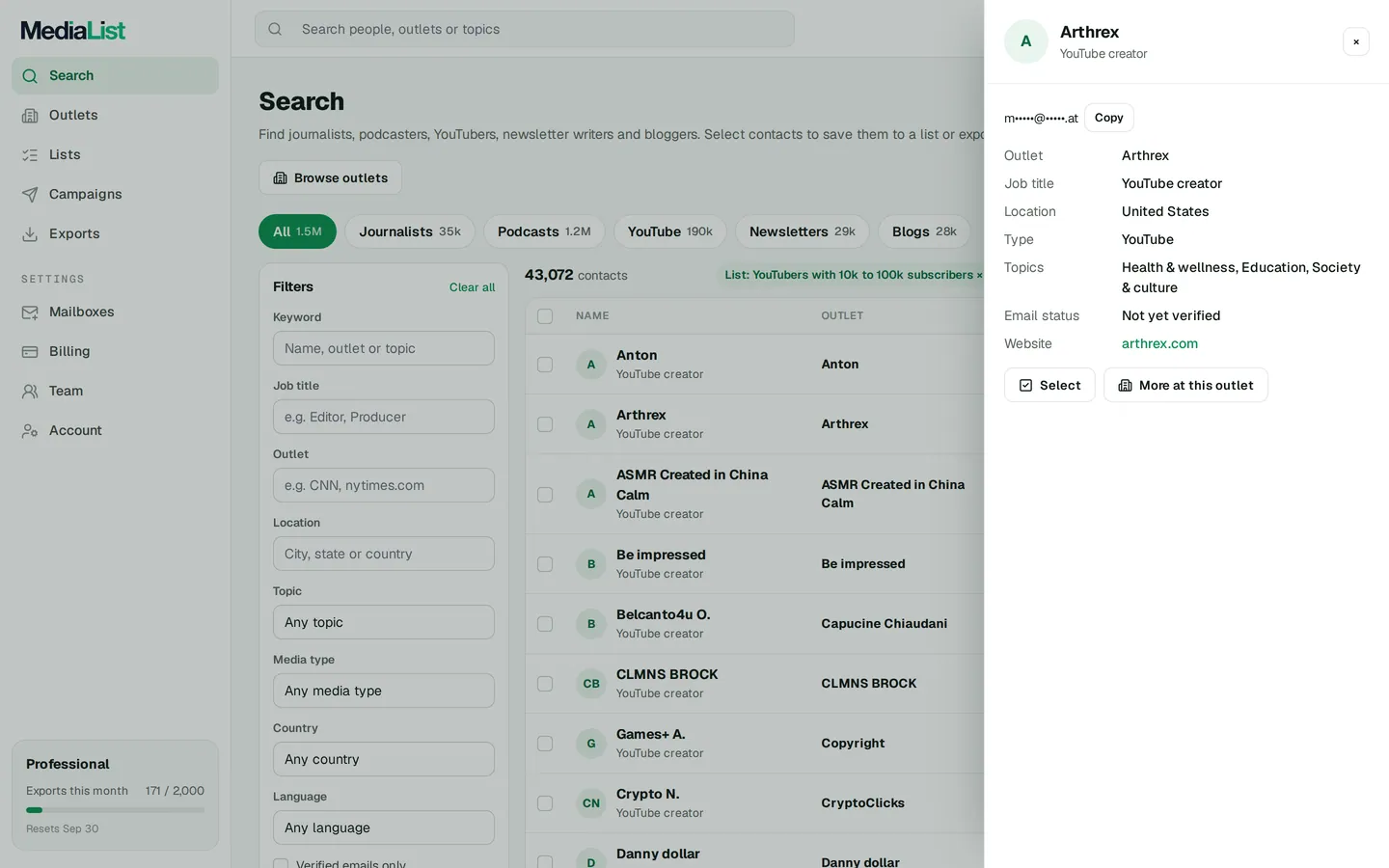 A contact opened in Media List, showing details and an unlocked email
