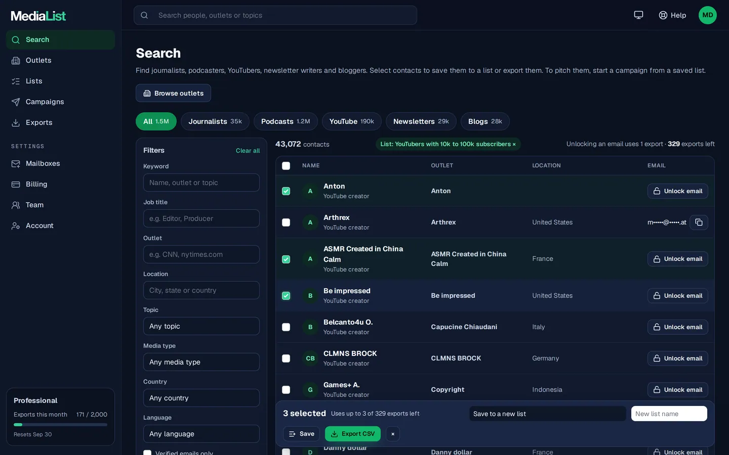 Media List search results with filters, showing contacts and verified emails