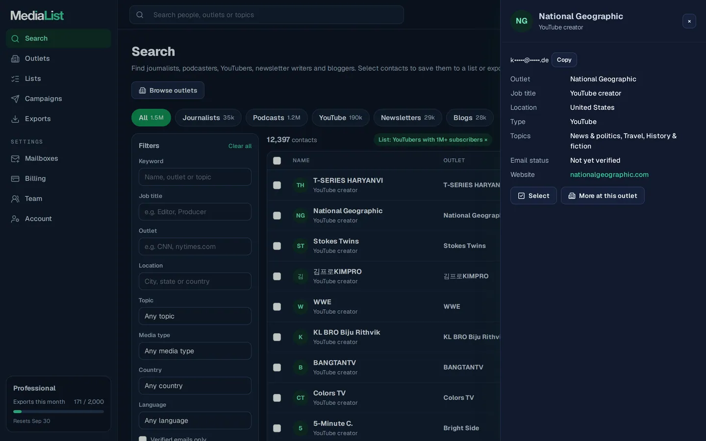 A contact opened in Media List, showing details and an unlocked email