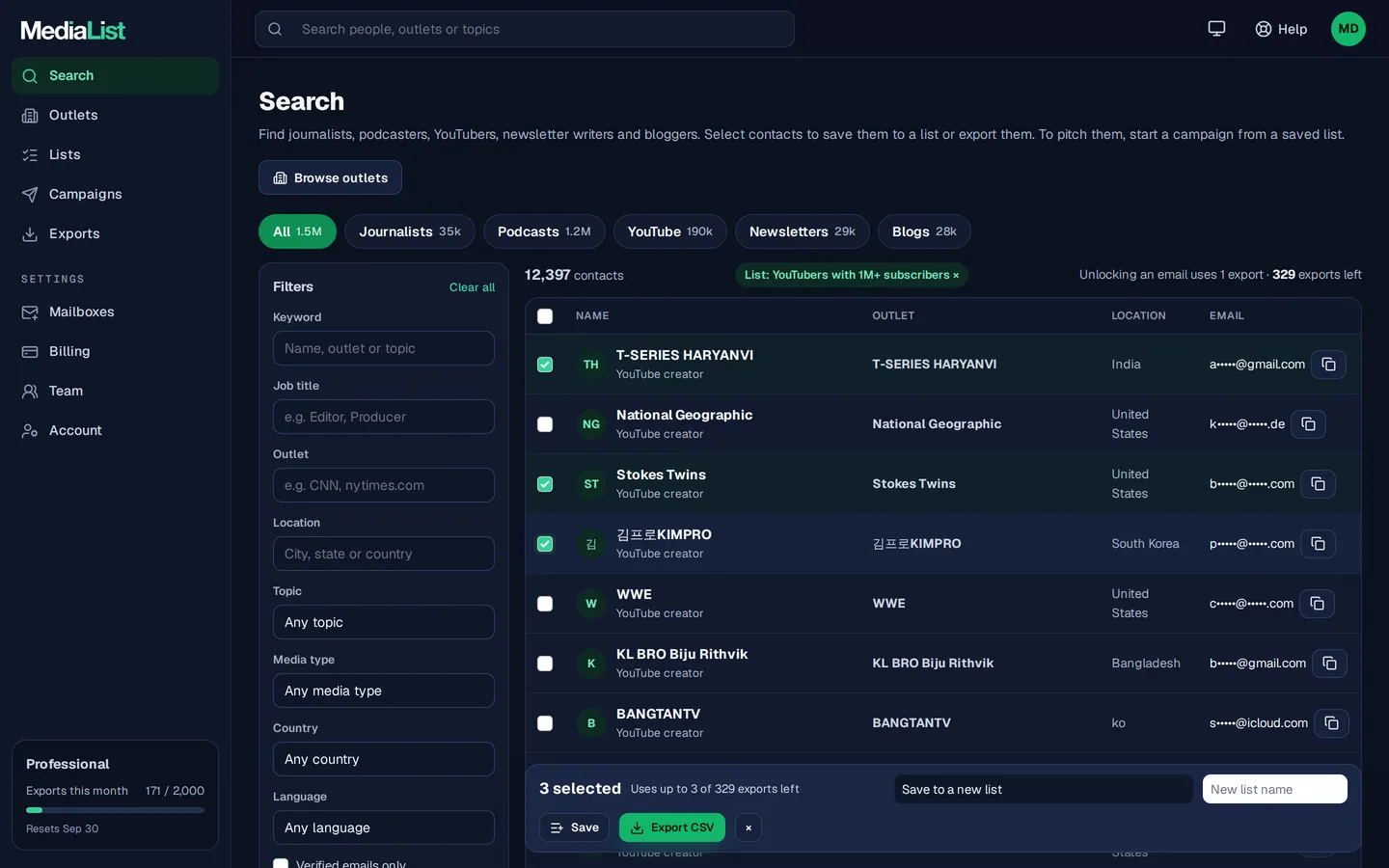 Media List search results with filters, showing contacts and verified emails