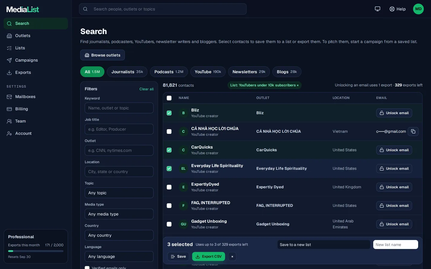 Media List search results with filters, showing contacts and verified emails