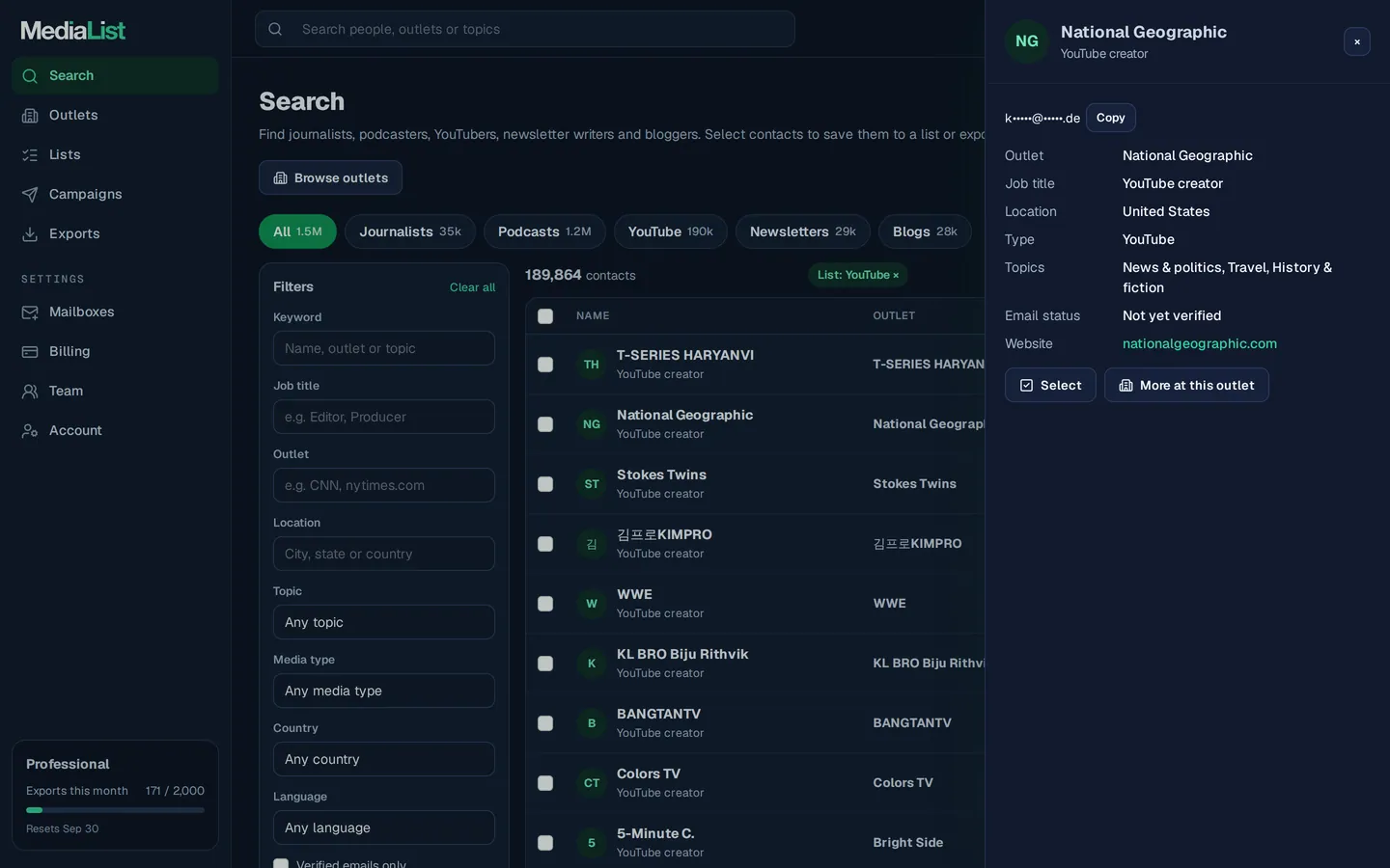A contact opened in Media List, showing details and an unlocked email