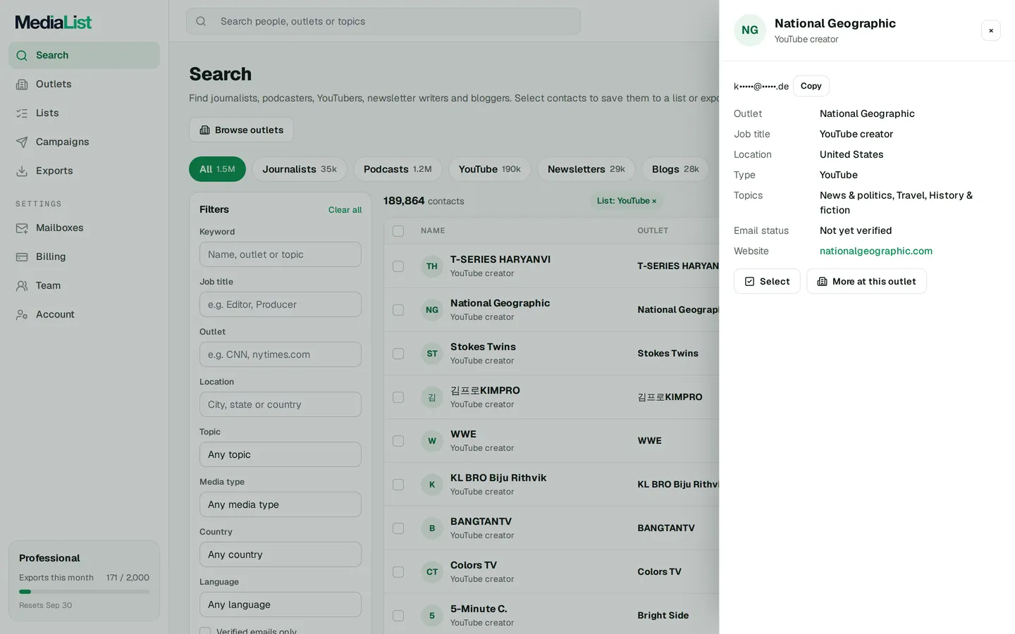 A contact opened in Media List, showing details and an unlocked email