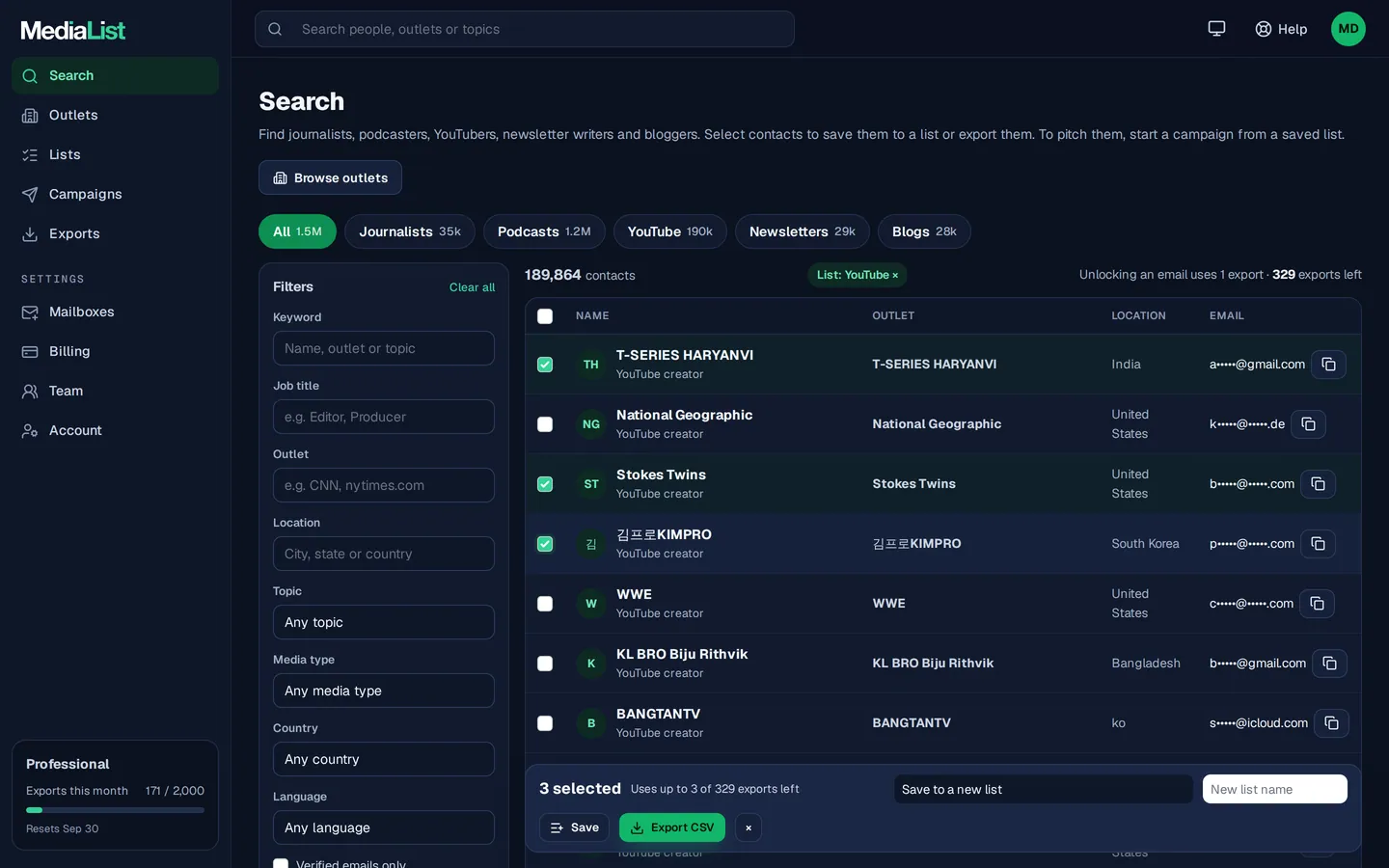 Media List search results with filters, showing contacts and verified emails